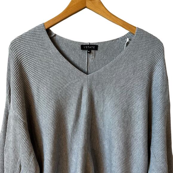 1. State New Women's V Neck Balloon Sleeve Rib Knit Pullover Sweater Gray Medium - Picture 5 of 9